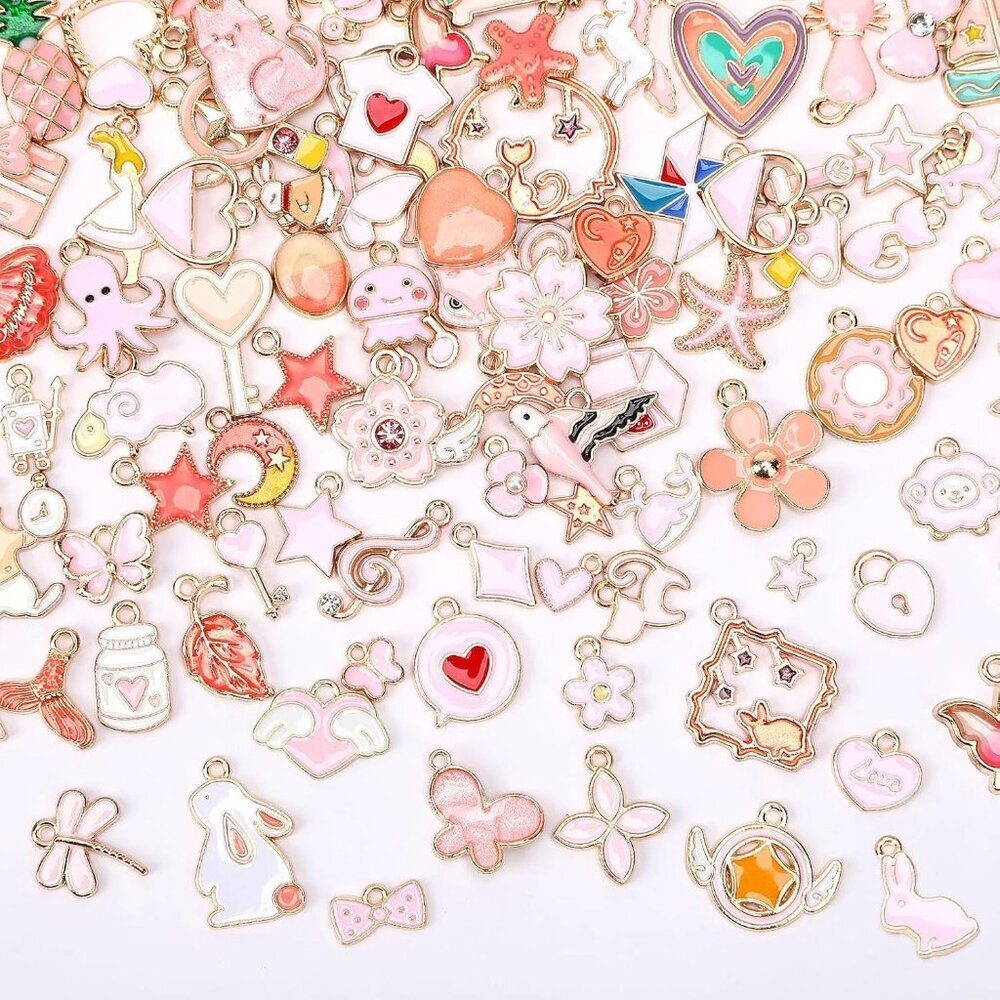 120 Pcs Pink Charms, Assorted Gold Enamel Pink Charm for Jewelry Making Mixed Th